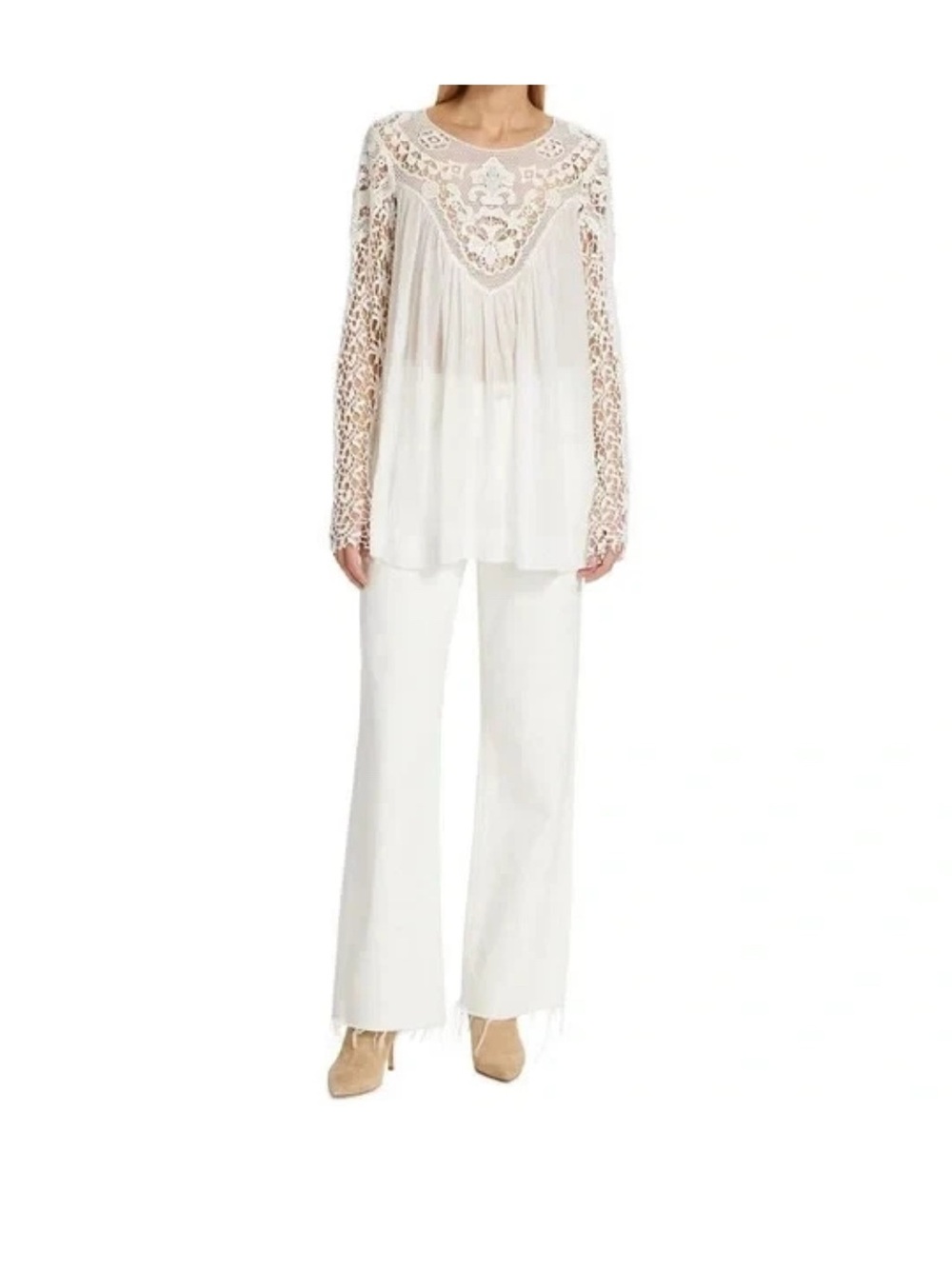Free People Ivory Crochet Yoke Long Sleeve Tunic